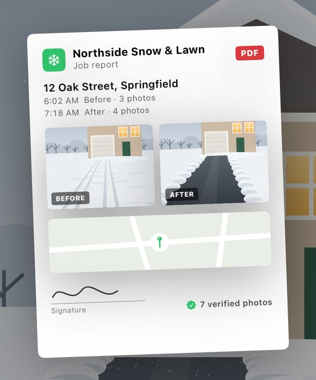 A WorkProof job report for Northside Snow & Lawn at 12 Oak Street: visit times, a before and after pair, a map and a signature line.