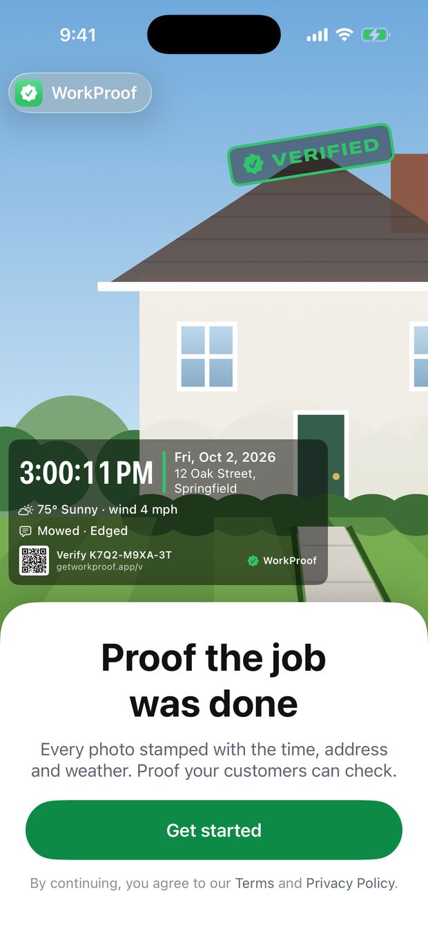 A stamped photo of a mowed lawn in WorkProof: 3:00 PM, Friday October 2, 2026, 12 Oak Street, 75 degrees and sunny, note Mowed and Edged, with a verify code.